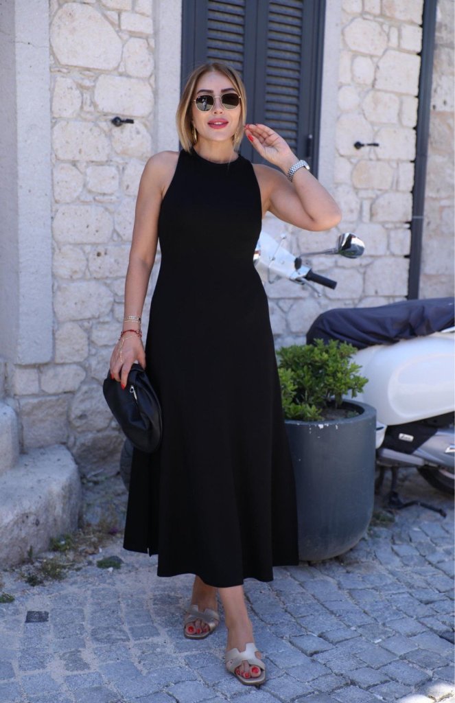 Kadın Omuzlardan Açık Arkadan Aksesuar Detaylı Yırtmaçlı Janjan Krep Elbise - Görsel 3