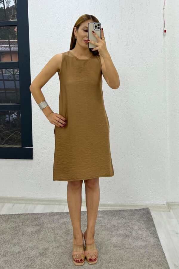Kadın Keten Kumaş Cep Detaylı Sıfır Kol Elbise
