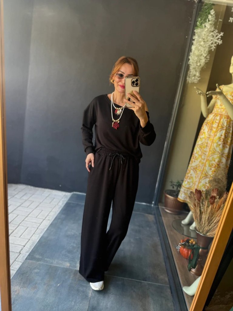 Kadın Uzun Kollu Tek Omuzdan Açık Viskon Iki Iplik Bluz Ve Pantolon Ikili Takım - Görsel 2