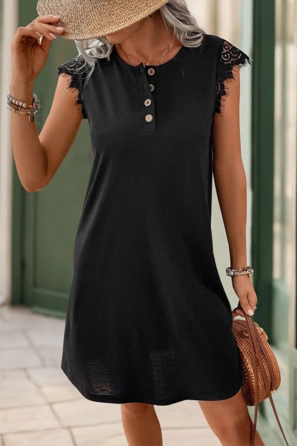 Kadın Kısa Dantel Kollu önden Düğmeli Viskon Elbise