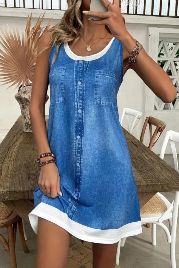 Kadın Askılı Yuvarlak Yakalı Kot Görünümlü Kısa Süprem Elbise