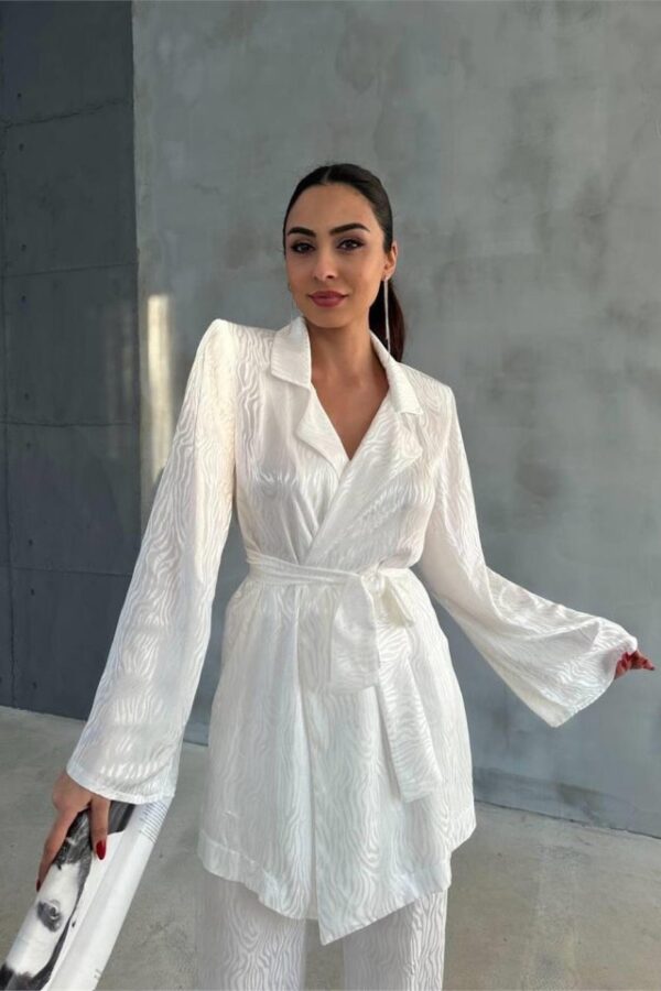 VİSKON JAKARLI BAĞLAMALI GÖMLEK - PANTOLON TAKIM - Beyaz