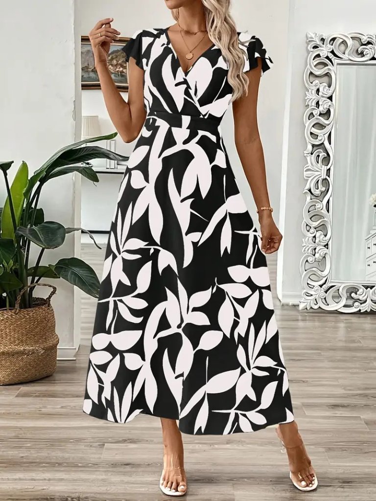 Kadın Kısa Kelebek Kollu Kruvaze Yaka Desenli Süprem Elbise - Görsel 6