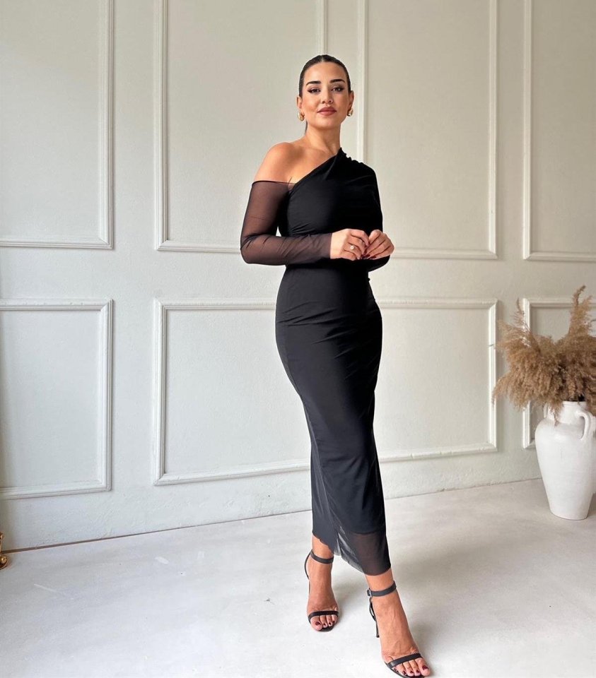 Kadın Uzun Kollu Omuz Dekolteli Içi Astarli Midi Boy Tül Elbise - Görsel 6