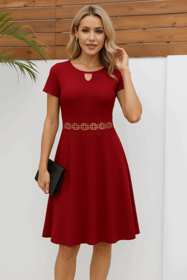 Kadın Kısa Kollu Yuvarlak Yaka Damla Detaylı Janjan Elbise