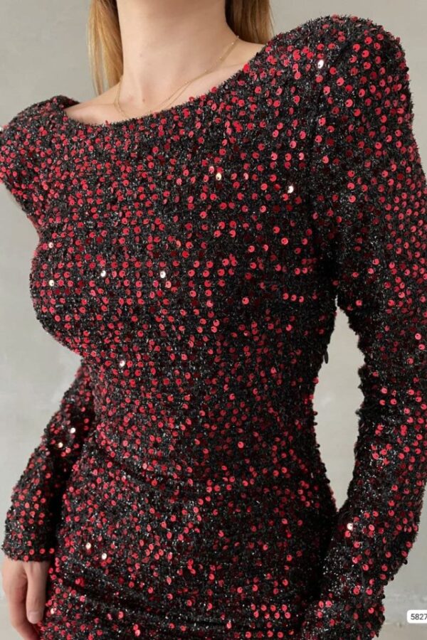 Kadın Uzun Kollu Vatka Detay Full Pul Payet Mini Elbise