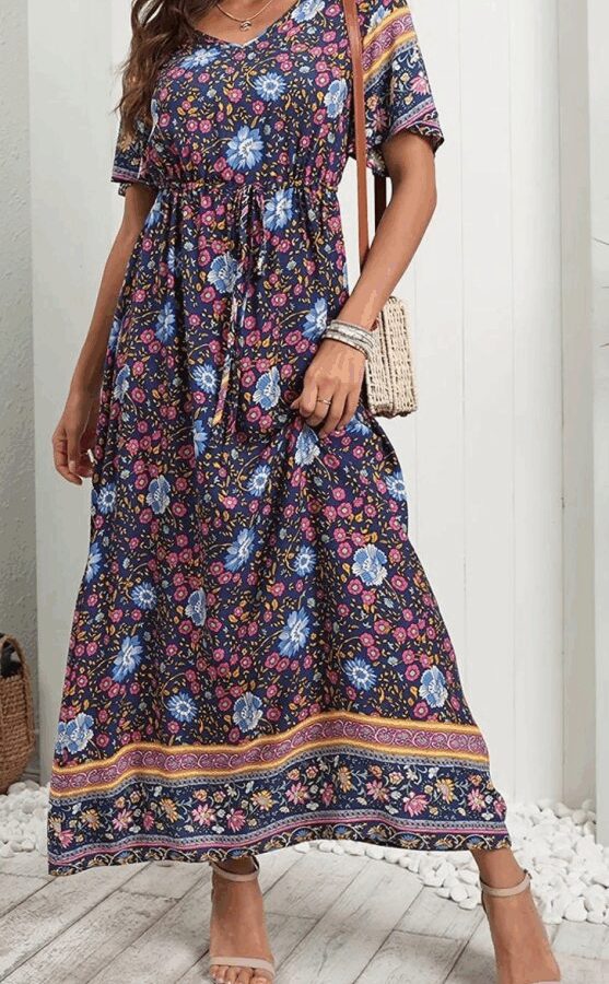 Kadın Kısa Kollu Beli Lastikli çiçek Desen Tam Boy Elbise