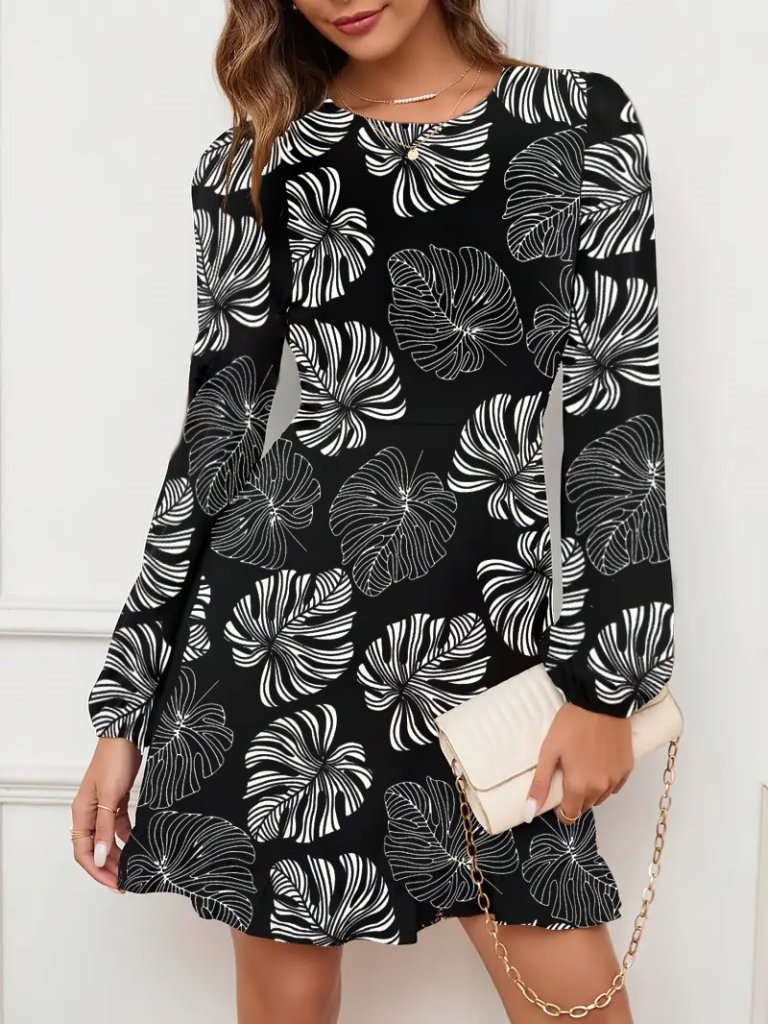 Kadın Uzun Kollu Bisiklet Yaka Desenli Kısa Krep Elbise - Görsel 5