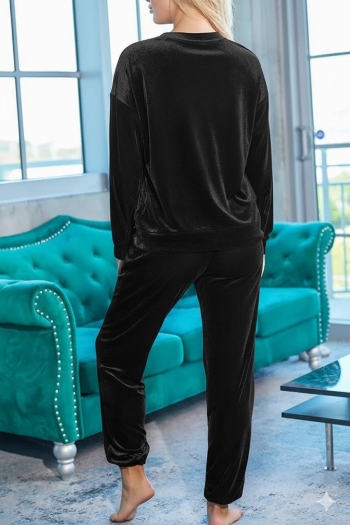 Kadın Uzun Kollu Yuvarlak Yakalı Kadife Bluz Ve Pantolon Takım - Görsel 9