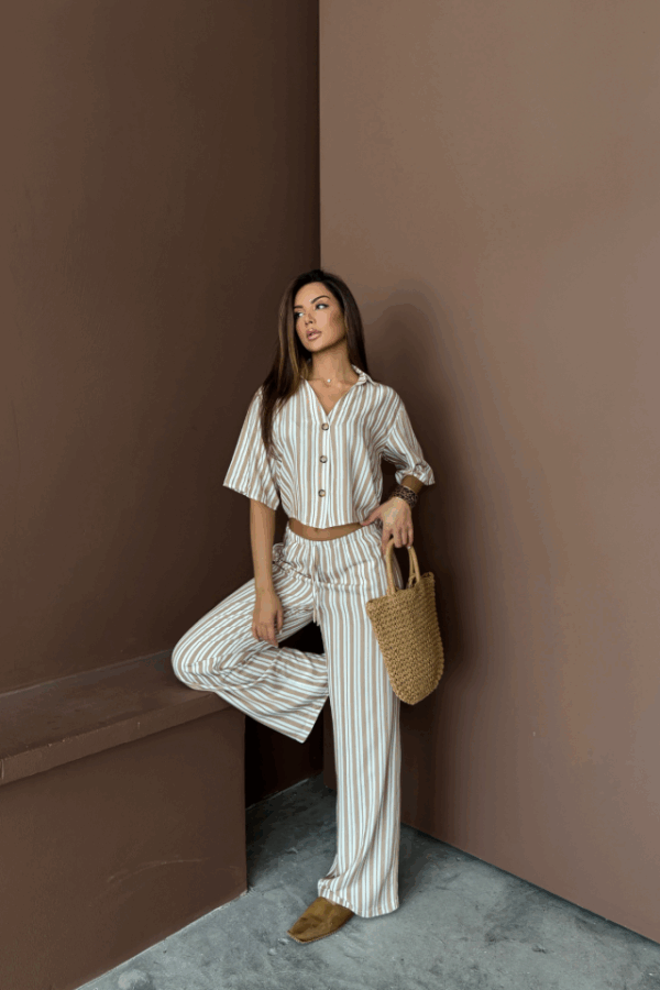 ÇİZGİLİ CROP GÖMLEK - SALAŞ PANTOLON TAKIM MODAL - Mavi