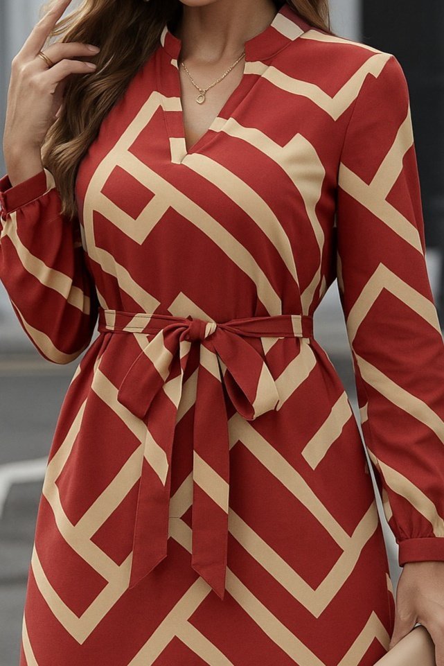 Kadın Uzun Kollu V Yakalı Desenli Belinde Kuşaklı Dalgıç Elbise - Görsel 5