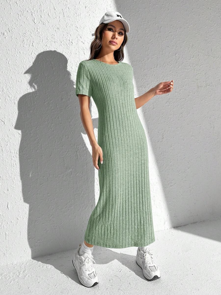 Kadın Kısa Kollu Bisiklet Yaka Yırtmaç Detay Fitilli Kaşkorse Tam Boy Elbise - Görsel 4