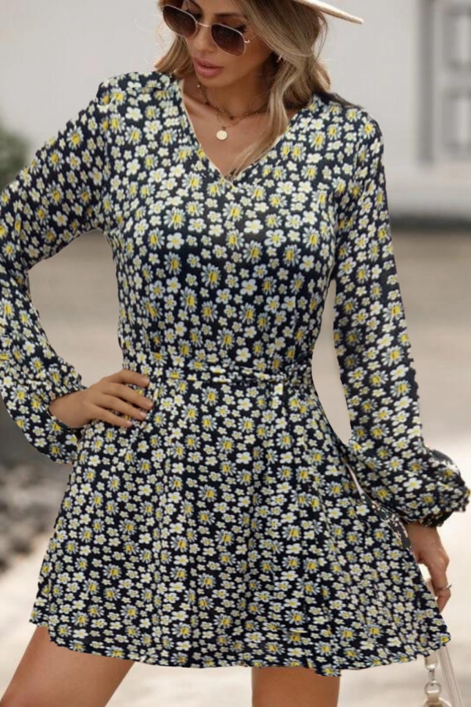 Kadın Uzun Kollu V Yaka çiçek Desenli Helen Kumaş Elbise - Görsel 2