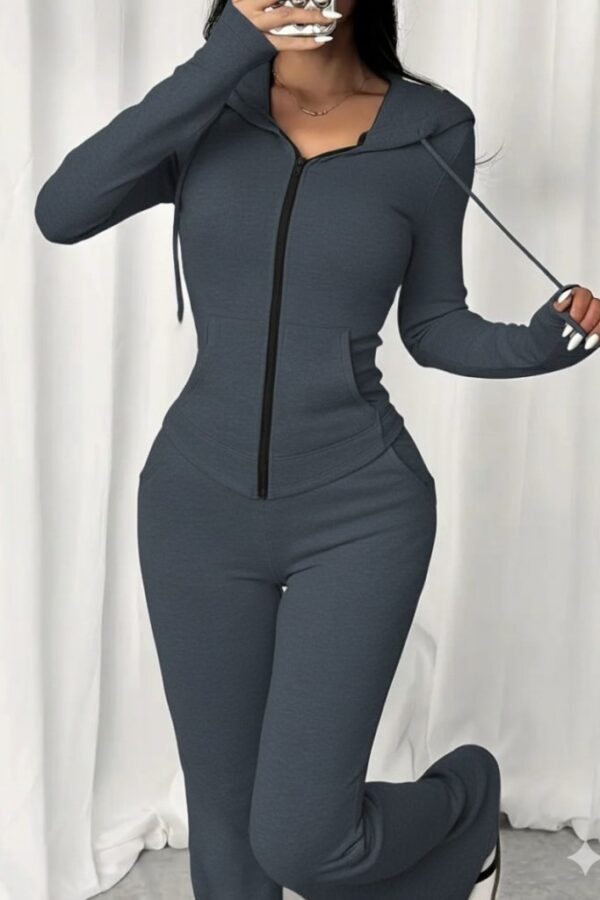 Kadın Uzun Kollu Kapşonlu Bağcıklı önü Fermuarlı Viskon Iki Iplik Bluz Ve Pantolon Ikili Takım