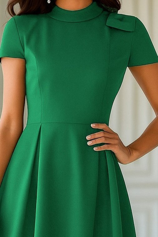 Kadın Kısa Kollu Yarı Balıkçı Yaka Pileli Janjan Krep Midi Elbise - Görsel 2