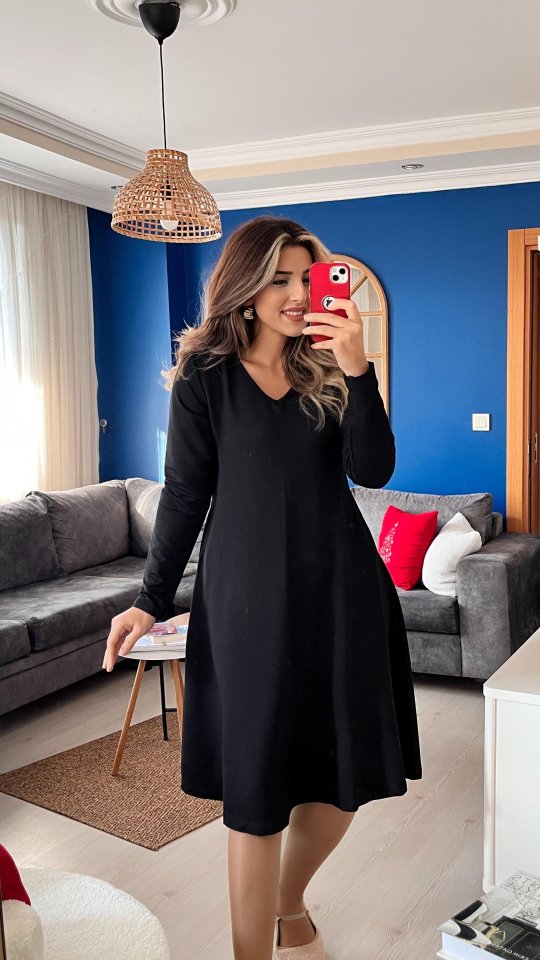 Kadın Uzun Kollu V Yakalı Salaş Midi Iki Iplik Elbise - Görsel 2