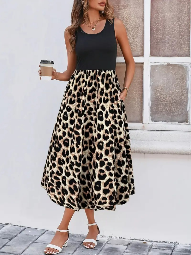 Kadın Askılı Yuvarlak Yaka üst Viskon Alt Leopar Desenli Süprem Uzun Elbise - Görsel 4