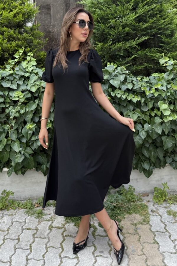 Kadın Kısa Balon Kollu Bisiklet Yaka Geniş Kesim Janjan Krep Elbise