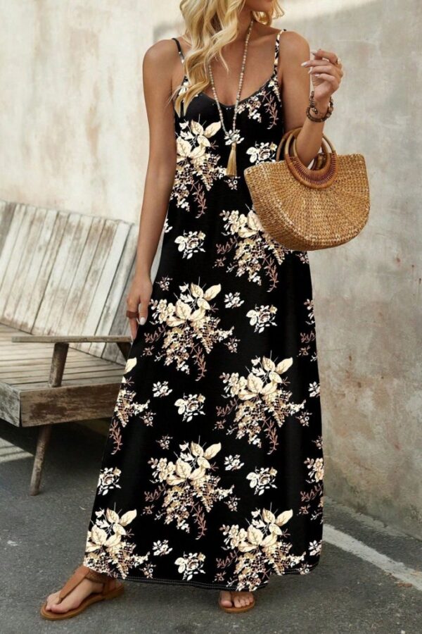 Kadın Ip Askılı V Yakalı çiçek Desenli Süprem Elbise