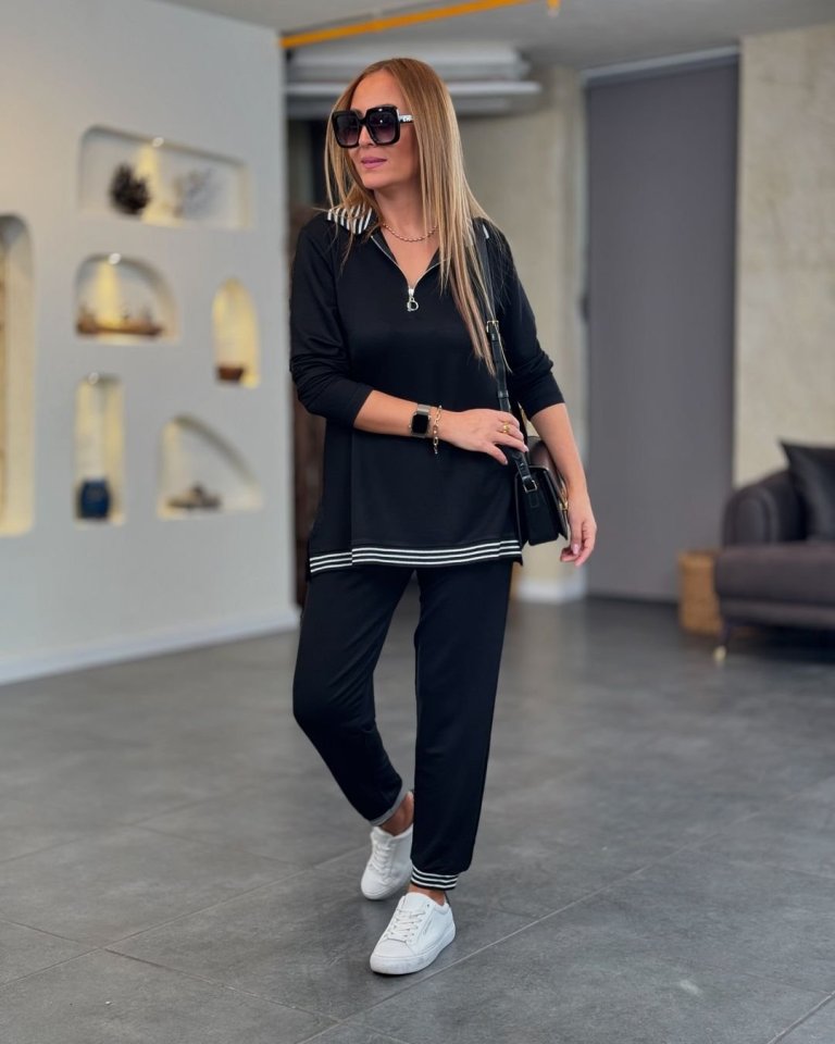 Kadın Uzun Kollu Fermuarlı şerit Detay Desenli Alt üst Ikili Viskon Iki Iplik Takım - Görsel 3