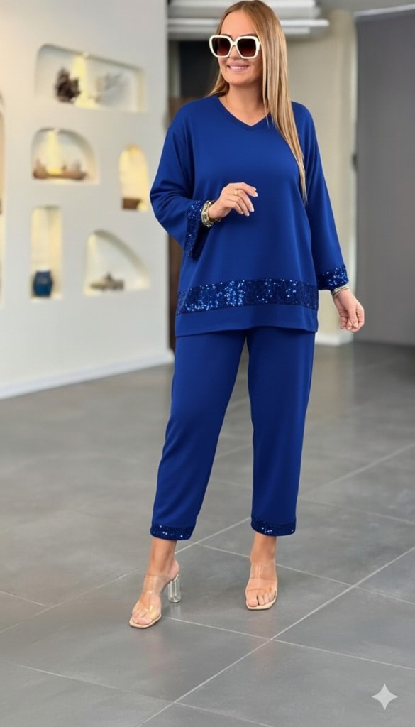 Kadın Uzun Kollu V Yakalı Pulpayet Viskon Iki Iplik Bluz Ve Pantolon Takım - Görsel 6