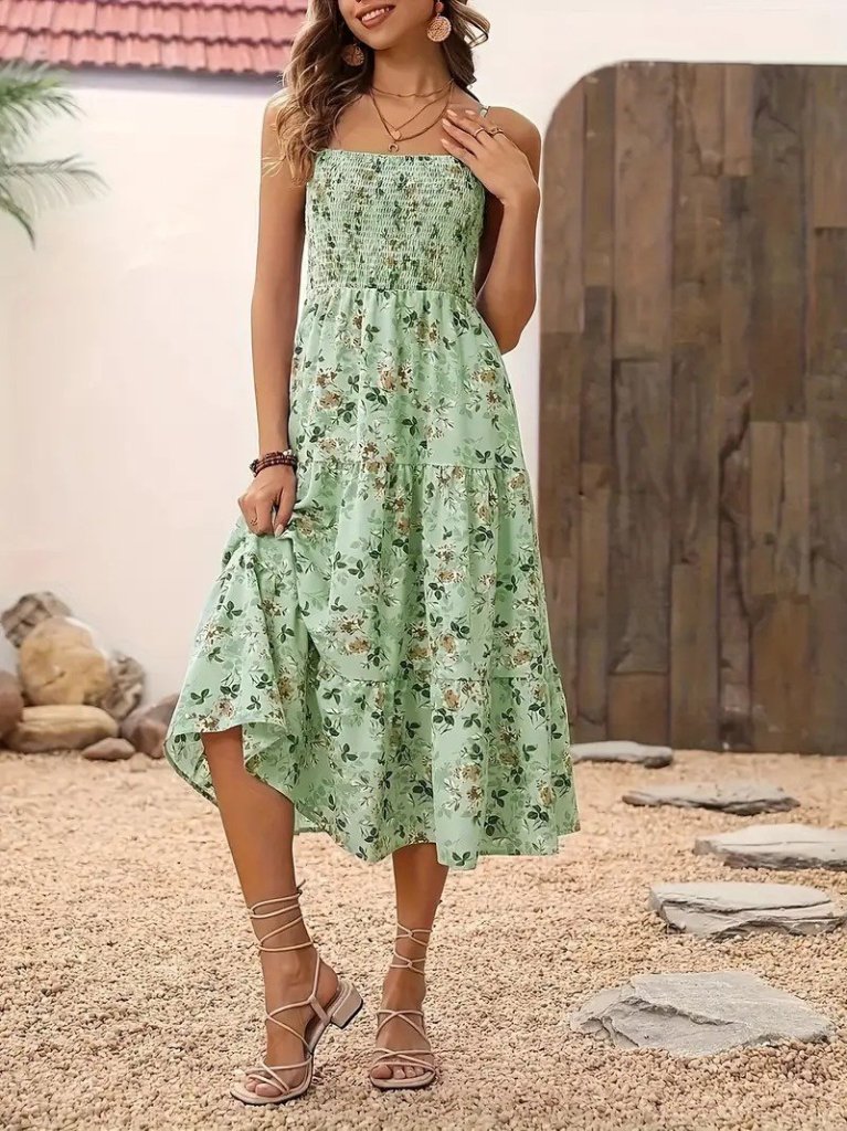 Kadın Ip Askılı Geniş V Yakalı Desenli Uzun Süprem Elbise - Görsel 3