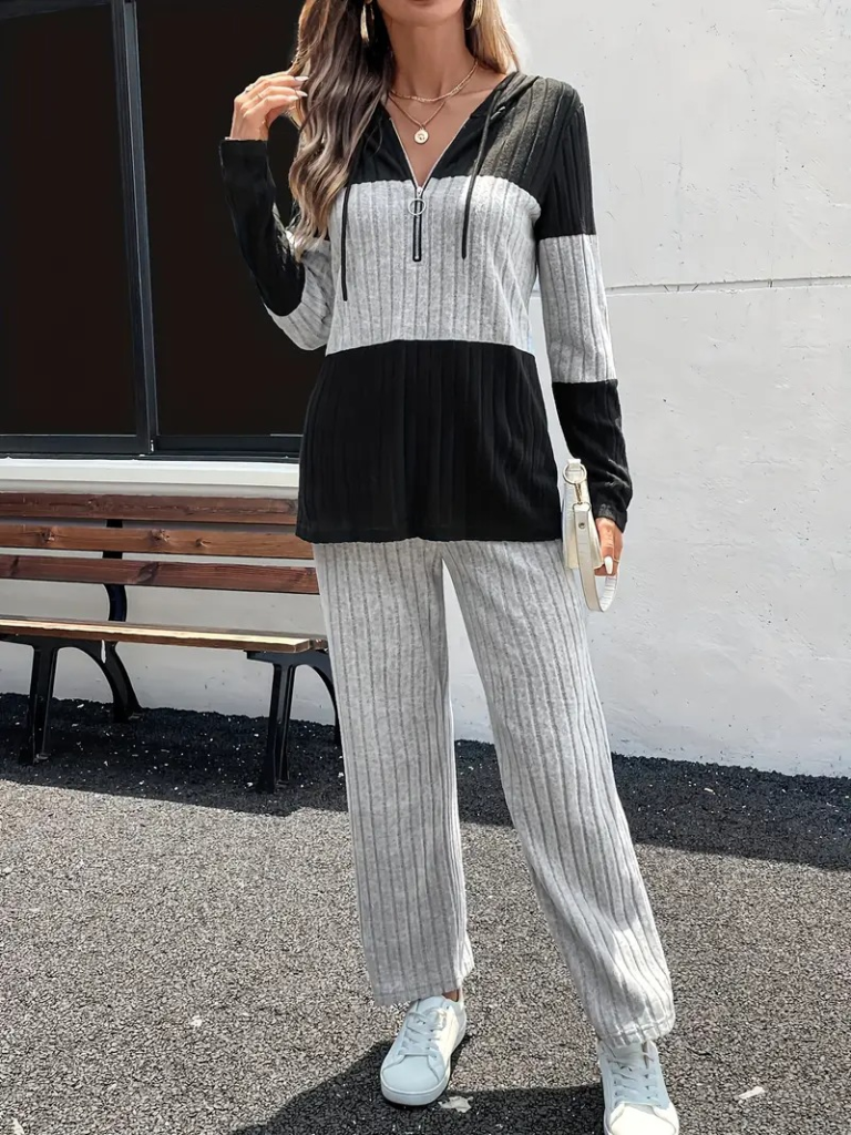 Kadın Uzun Kollu Kapşonlu önden Fermuarlı şardonlu Kaşkorse Bluz Ve Pantolon - Görsel 4