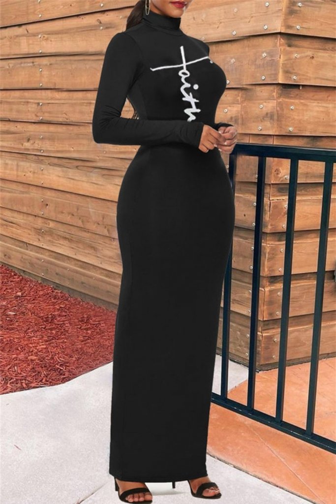 Kadın Uzun Kollu Boğazlı Baskı Detaylı Viskon Tam Boy Elbise - Görsel 2