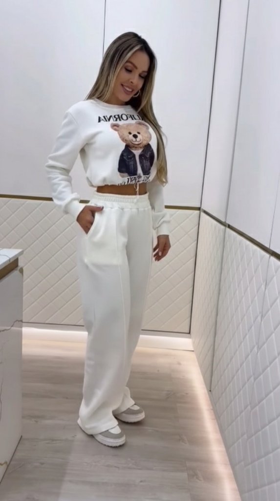 Kadın Uzun Kollu Bisiklet Yaka Desenli Iki Iplik şardonlu Bluz Ve Pantolon Ikili Takım - Görsel 3