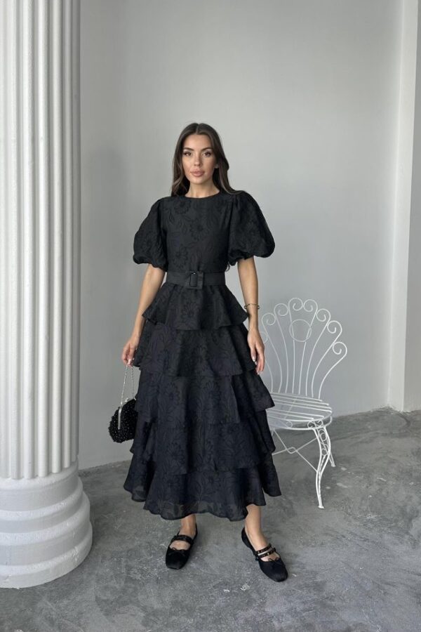 Siyah Kat Kat Balon Kollu Kemerli Elbise