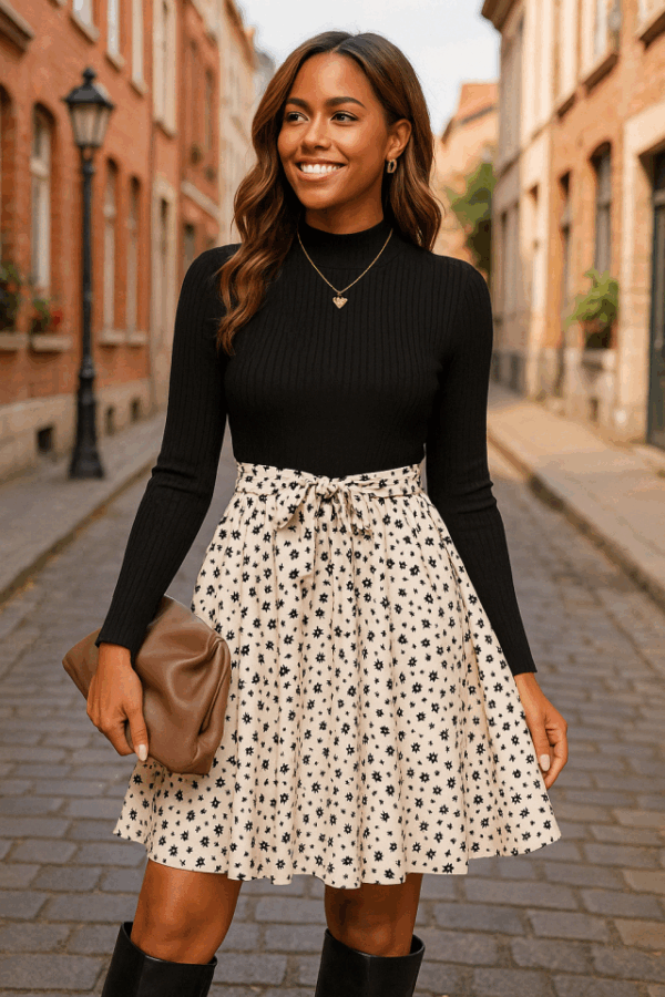 Kadın Uzun Kollu Balıkçı Yaka Belden Bağlamalı üst Kaşkorse Eteği Dalgıç Kısa Elbise