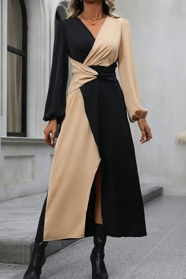 Kadın Uzun Kollu Kruvaze Yakalı Belden çapraz Detaylı çift Renkli Midi Ithal Krep Elbise