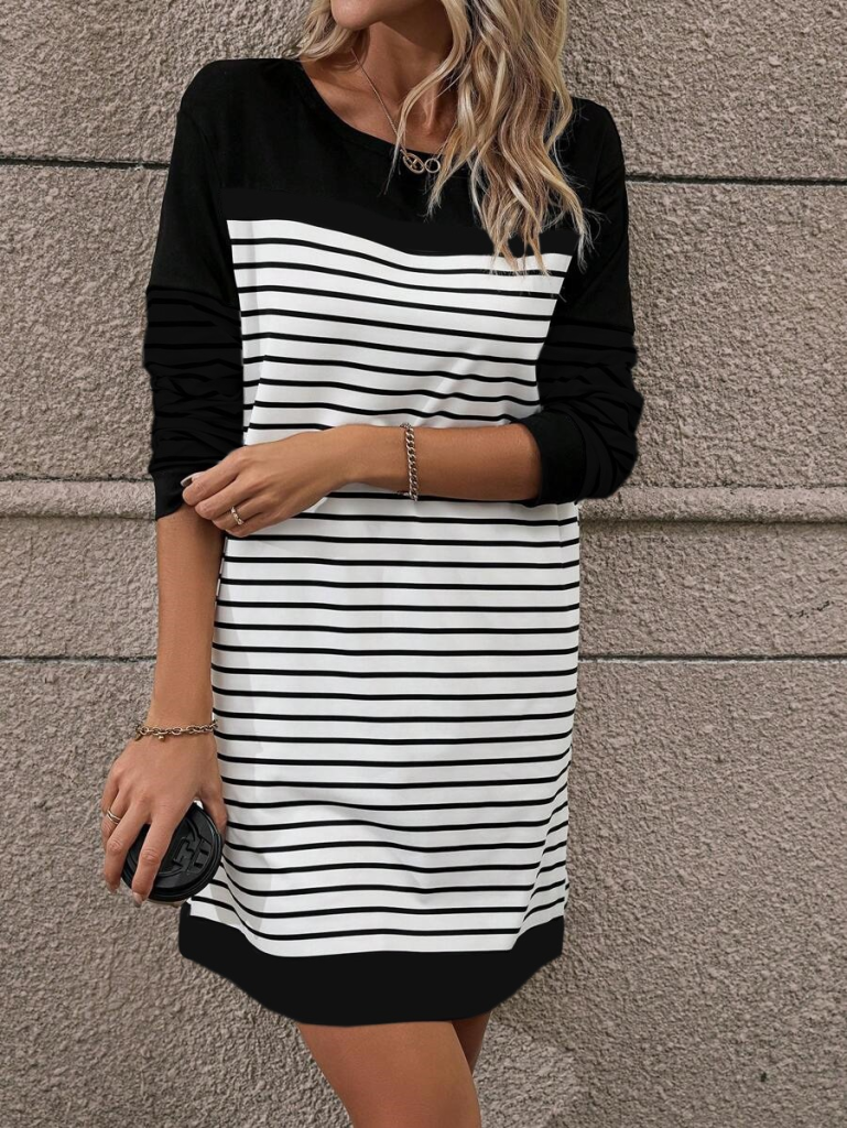 Kadın Bisiklet Yaka Uzun Kol çizgili Iki Iplik Kumaş Mini Boy Elbise - Görsel 2