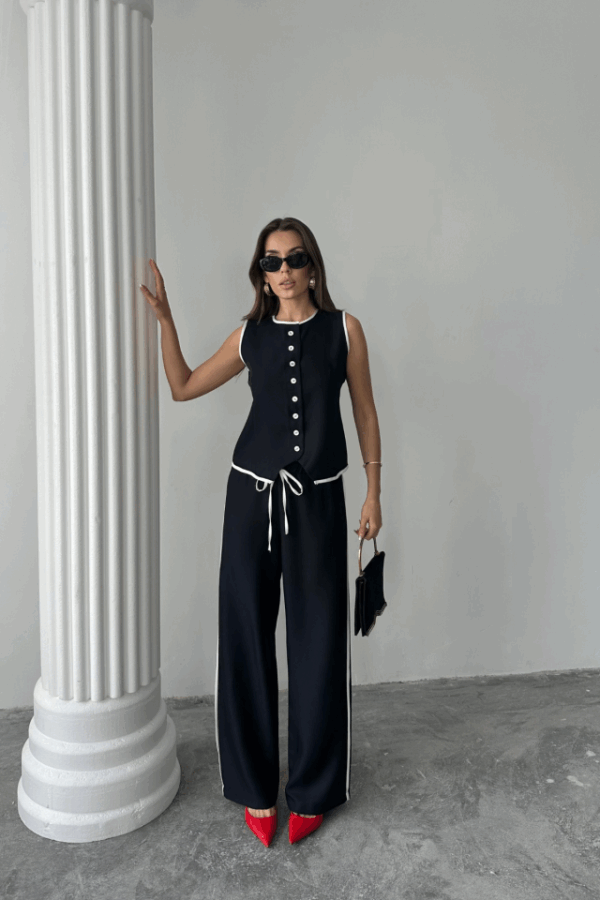 KETEN KENARLARI BİYELİ YELEK - PANTOLON TAKIM - Siyah