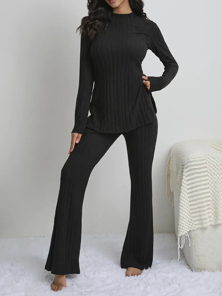 Kadın Uzun Kollu Yuvarlak Yaka Yandan Yırtmaç Detaylı şardonlu Kaşkorse Bluz Ve Pantolon Ikili Takım - Görsel 3