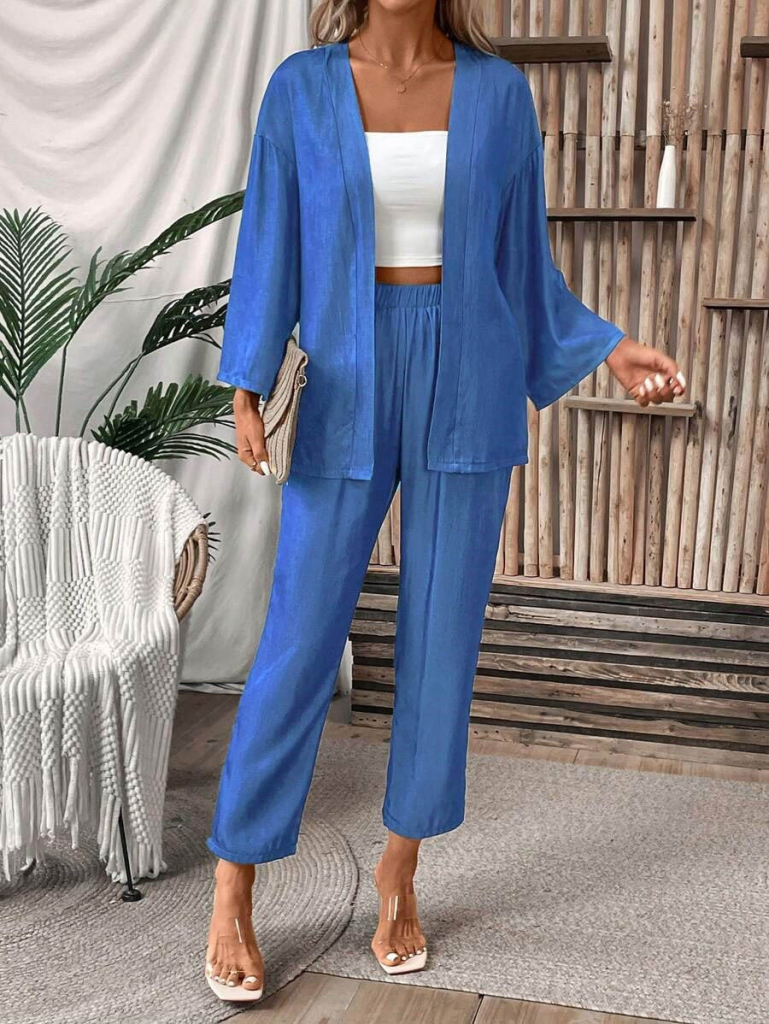 Kadın Uzun Kollu önü Açık Dokuma Ceket Ve Pantolon Ikili Takım - Görsel 6