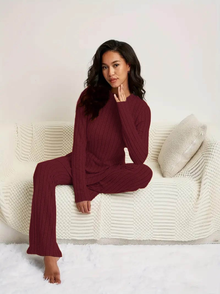 Kadın Uzun Kollu Yuvarlak Yaka Yandan Yırtmaç Detaylı şardonlu Kaşkorse Bluz Ve Pantolon Ikili Takım - Görsel 5