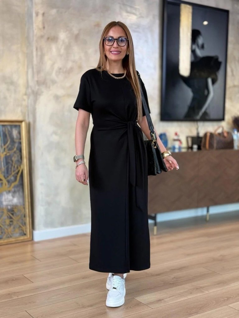 Kadın Kısa Kollu Bisiklet Yaka Yandan Bağlamalı Viskon Iki Iplik Elbise - Görsel 4