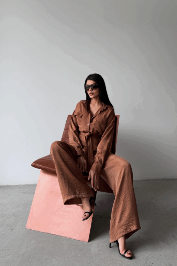 SİMLİ KUMAŞ SALAŞ PANTOLON - GÖMLEK TAKIM - Kahverengi