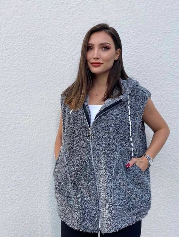 Kadın Kapüşon Ve Fermuar Detay Welsoft Kolsuz Yelek