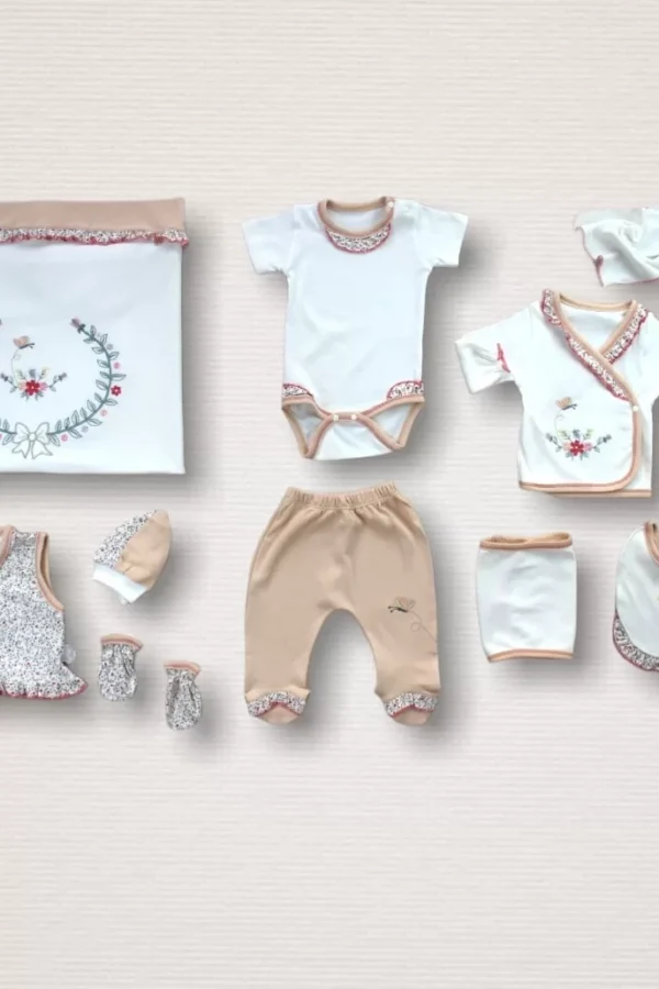 Erguvan Taç Nakışlı  Kız Bebek 10lu Zıbın Takımı Hastane Çıkışı Nar Çiçeği