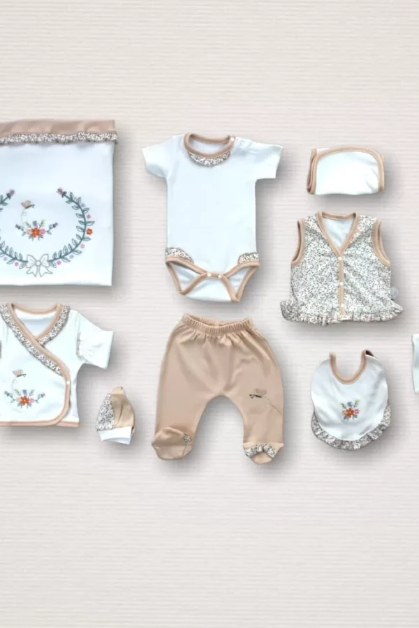 Erguvan Taç Nakışlı  Kız Bebek 10lu Zıbın Takımı Hastane Çıkışı Turuncu