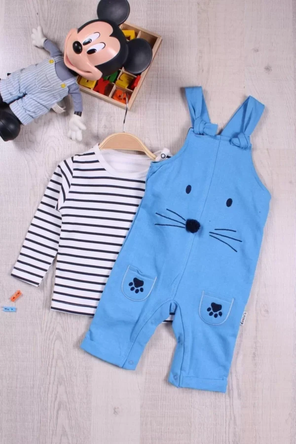 Erkek Bebek Kedi Nakışlı Askılı Tulum