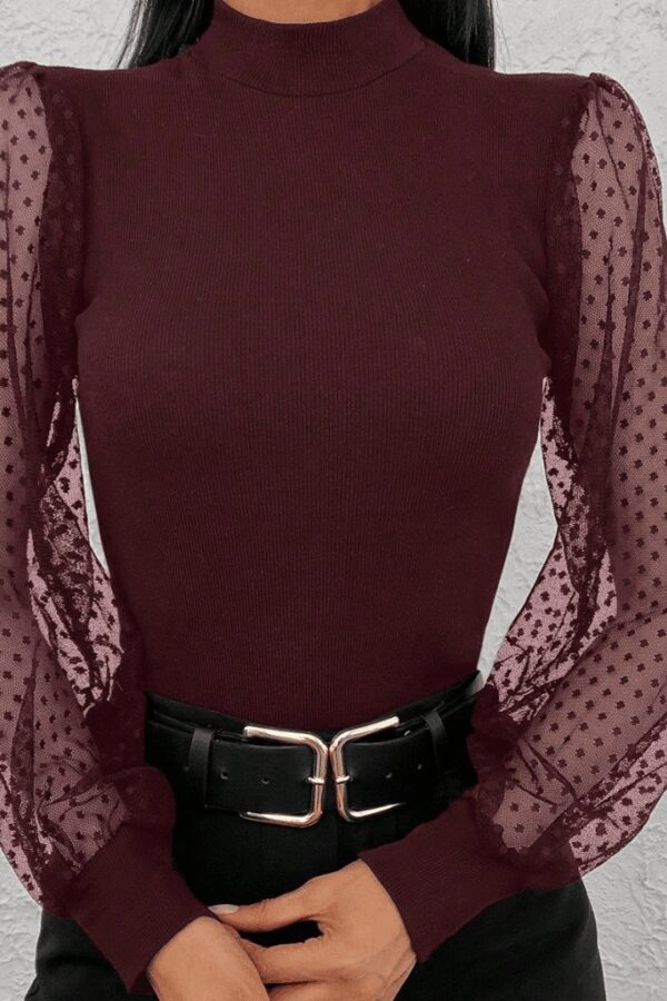 Kadın Uzun Kollu Tül Detaylı Yarım Balıkçı Yaka Kaşkorse Bluz