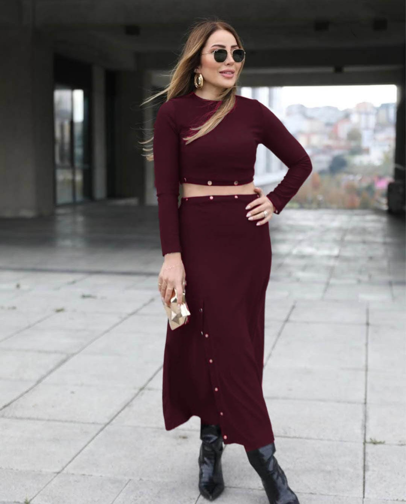 Kadın Uzun Kollu çıtçıtlı Viskon Krop Bluz Ve Yırtmaçlı Etek Istenildiğinde Elbise Olan Ikili Takım - Görsel 3