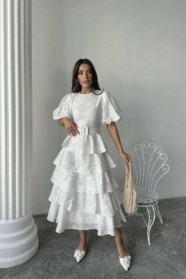 Ekru Kat Kat Balon Kollu Kemerli Elbise