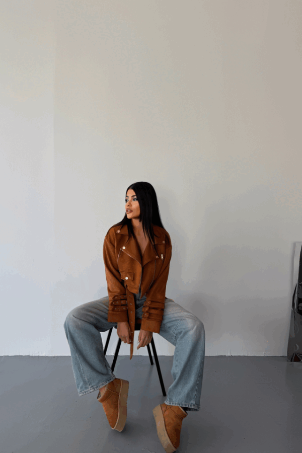 SÜET CROP CEKET KOL 3 KEMER DETAYLI - Siyah