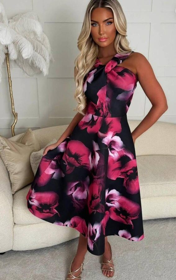 Kadın Halter Yaka Detay Ciçek Baskılı Midi Boy Elbise