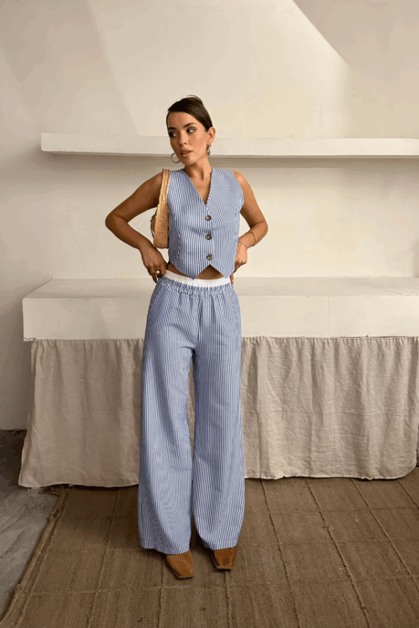 GOFRE ÇİZGİLİ YELEK - PANTOLON TAKIM - Mavi