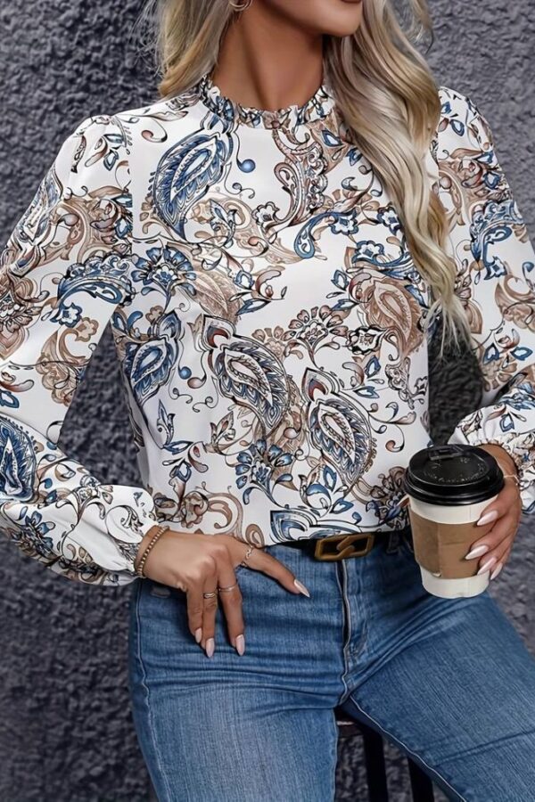 Kadın Uzun Kollu Yarı Balıkçı Yaka Desenli Süprem Bluz